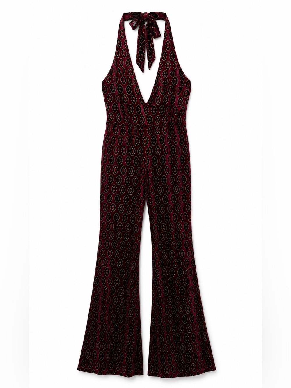 Motel Baby Jumpsuit Coin Maroon S NWT Velvet Halter Flare Gold Whimsigoth